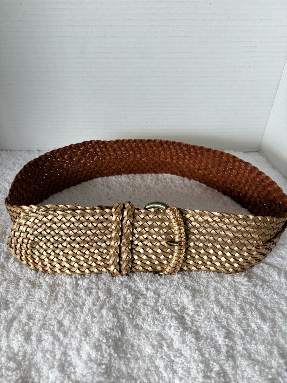 Fossil Wide Braided Metallic Gold Twist Leather Belt Brass Buckle Women’s Small